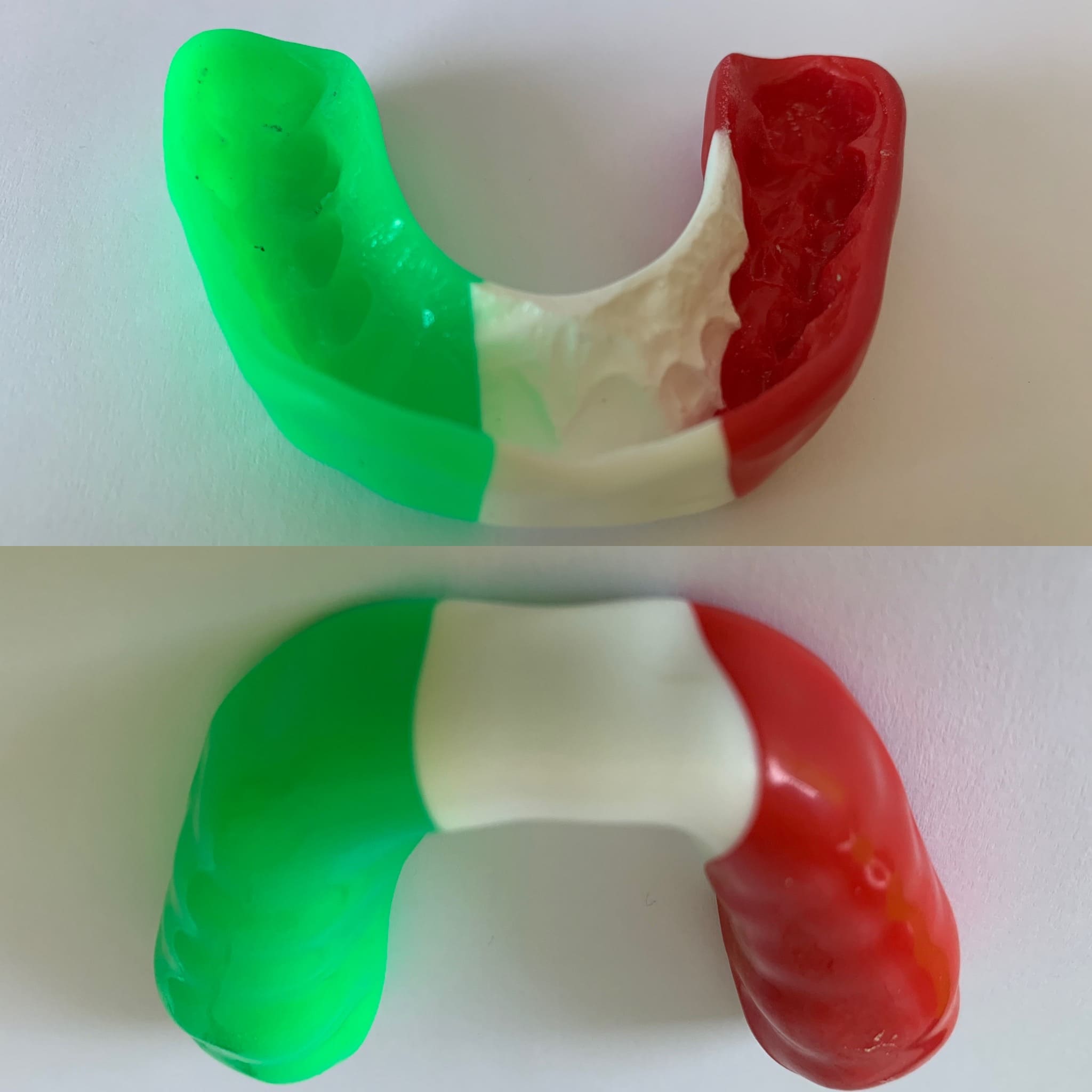 Paradenti o bite morbido termostampato per arcata superiore realizzato con ercoflex, 4 mm di spessore, in varie colorazioni.